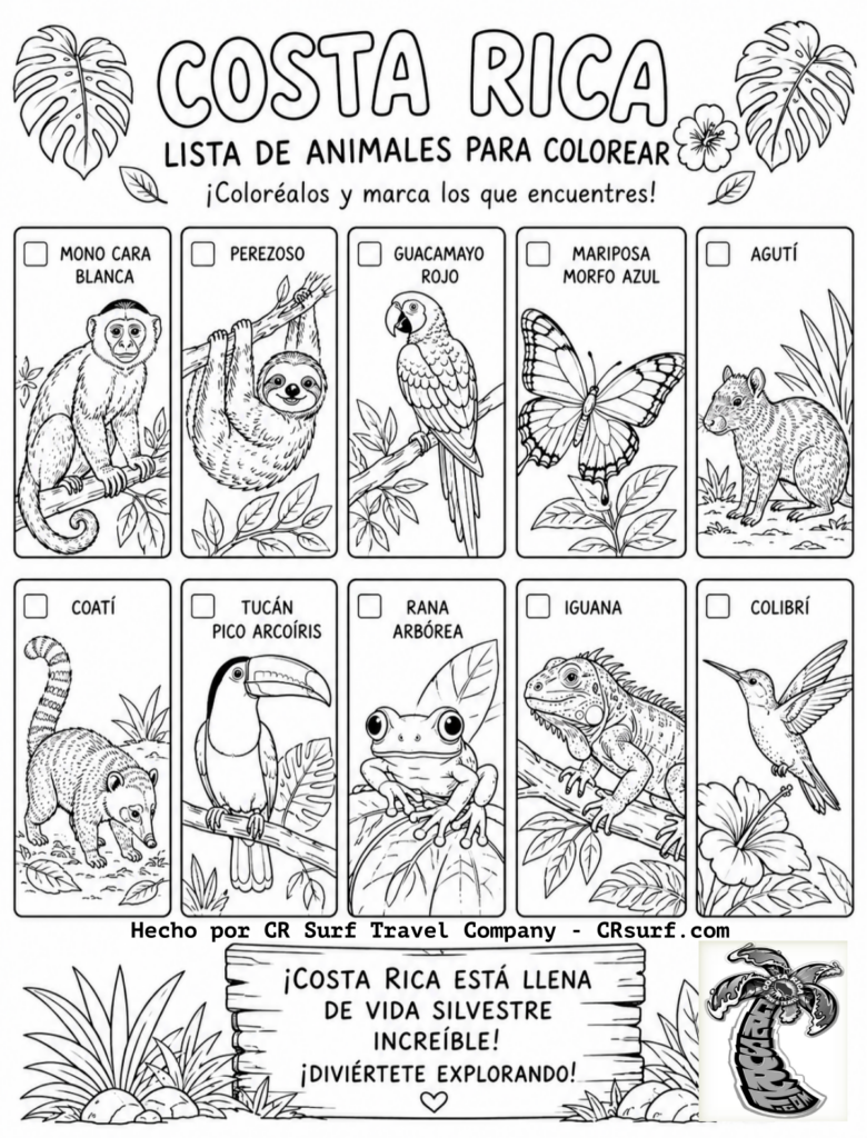 Costa Rica Animal coloring checklist